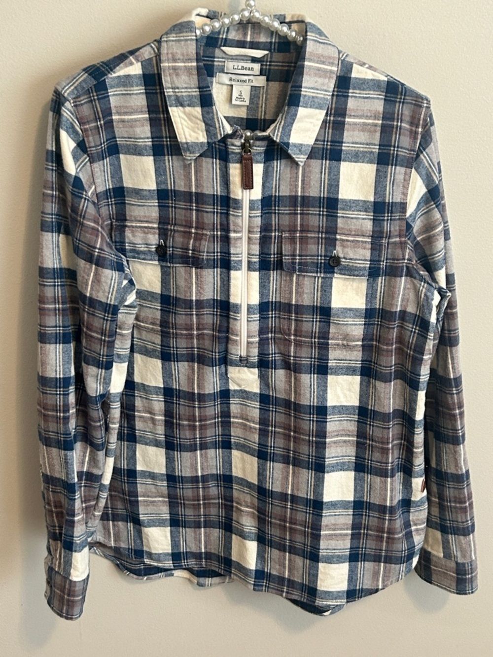 LL Bean Womens Scotch Plaid Flannel Quarter Zip Pullover Shirt Relaxed Fit S